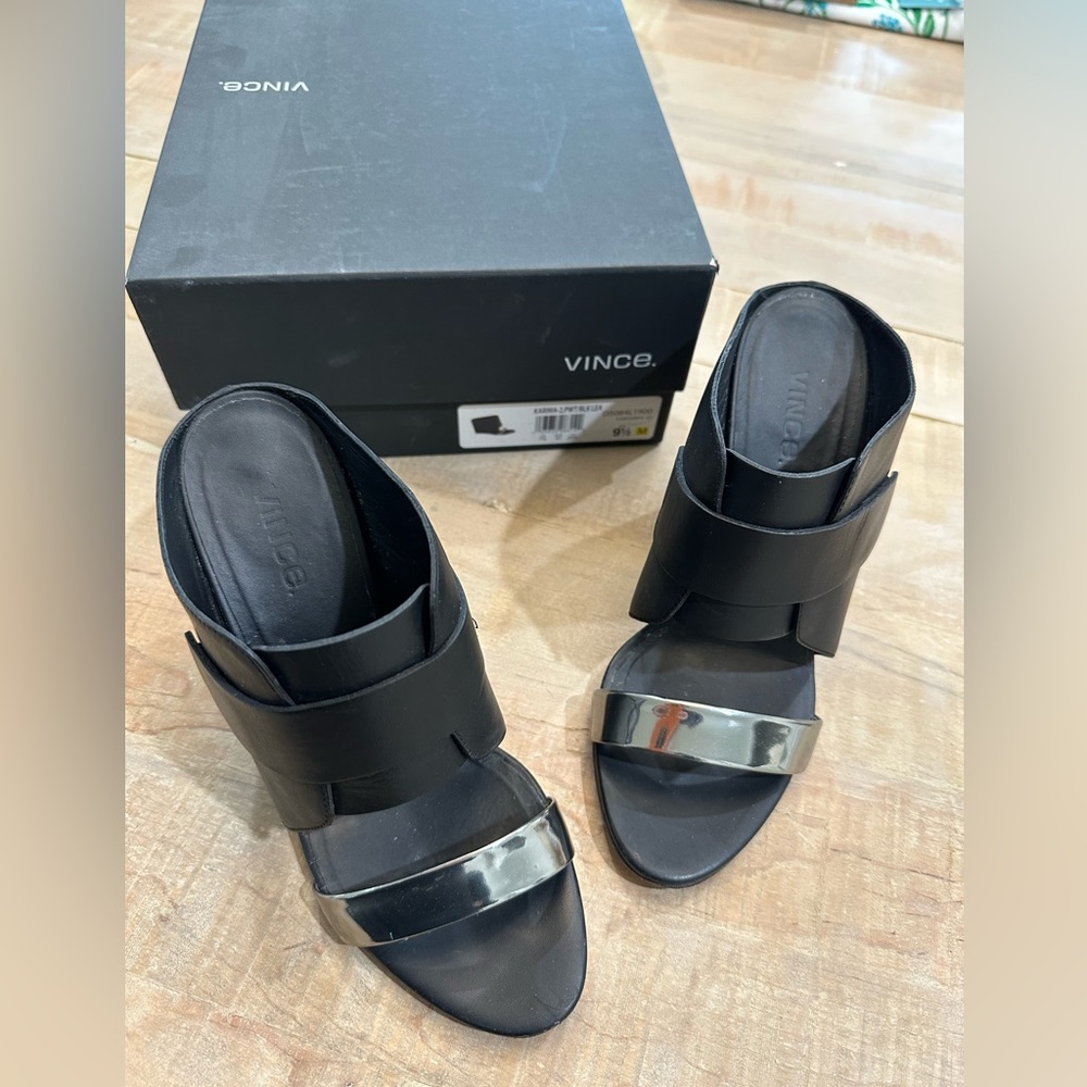 Vince KARMA - 2 black leather pewter silver wedge heel sandal mules